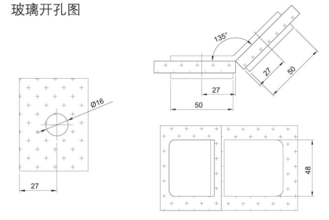 匯泰龍HF-2323-135&deg; 玻璃連接夾開(kāi)孔圖